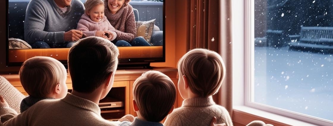 Family watching TV while it snows outside