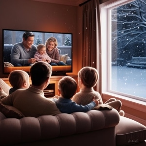 Family watching TV while it snows outside