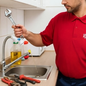 Plumber uncloggin kitchen sink in Topeka, KS