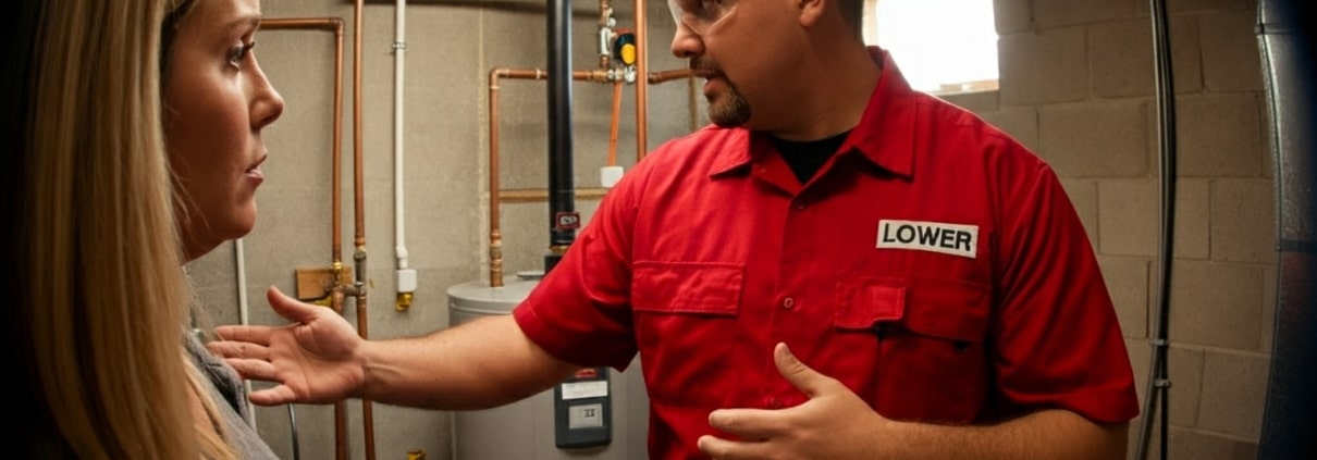 A tech inspecting a water heater with a female customer.