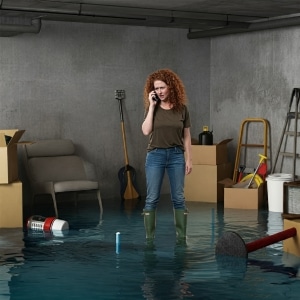 woman standing in flooded basement